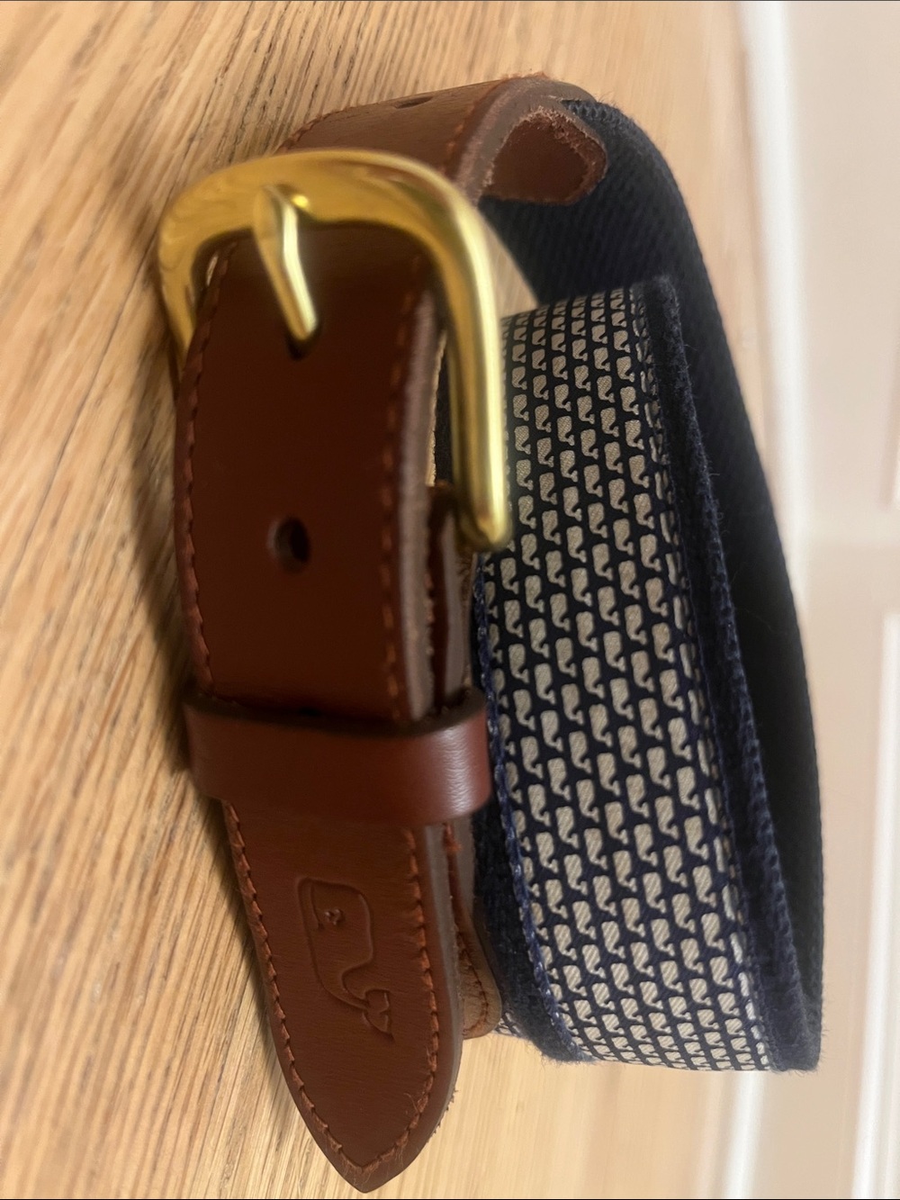 Vineyard Vines Navy Webbing Belt with Brown Leather Trim and Gold Buckle